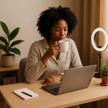 A lady having her morning cup of tea before she settles to her day's remote job