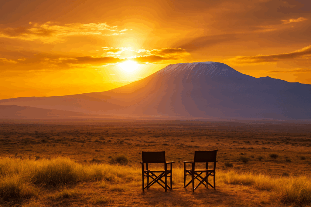 Panoramic view of Tsavo National Park savannah at sunset, Kenya