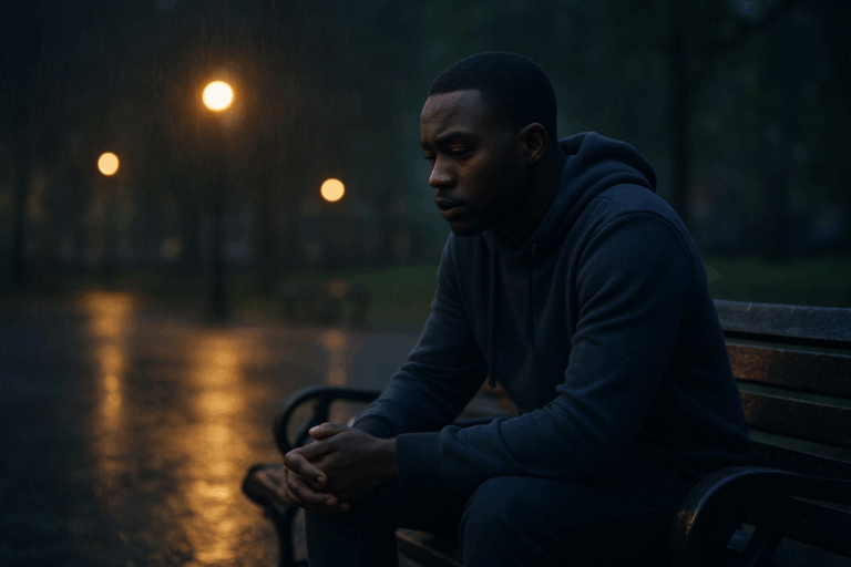 A young African man sits alone on a park bench in the dark as light rain drizzles around him, his posture reflective and somber, symbolizing loneliness and isolation.