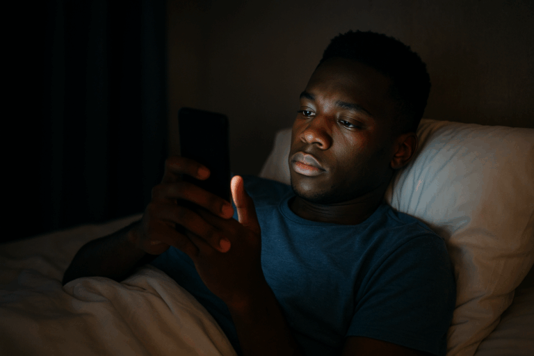 Young Kenyan adult scrolling phone late at night with screen glow on their face