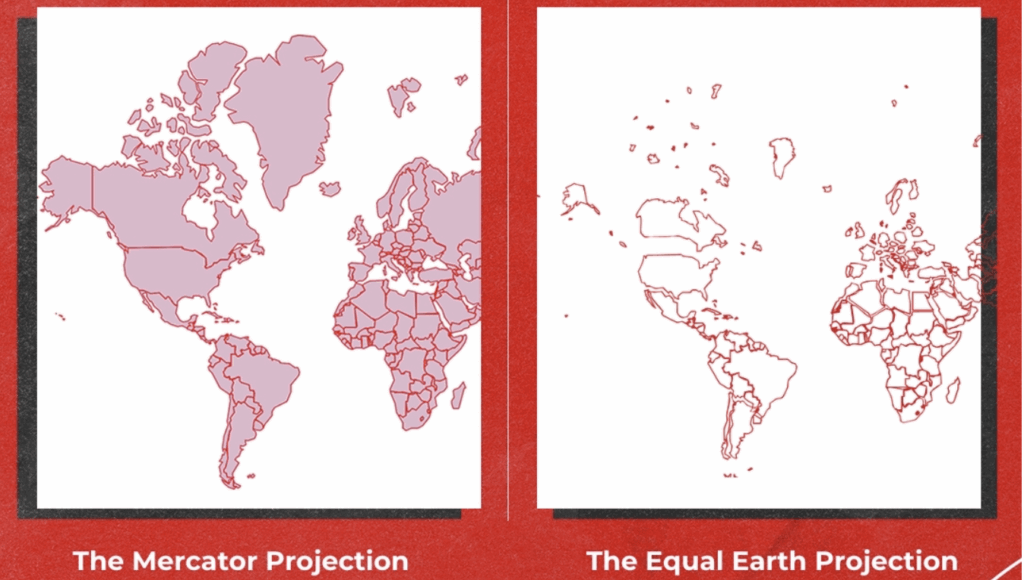 Side-by-side comparison of the Mercator world map and the Equal Earth projection showing Africa’s true size.