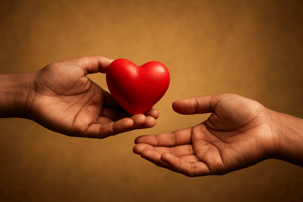 Stylized photo of two hands passing a glowing red heart, symbolizing donation and life.