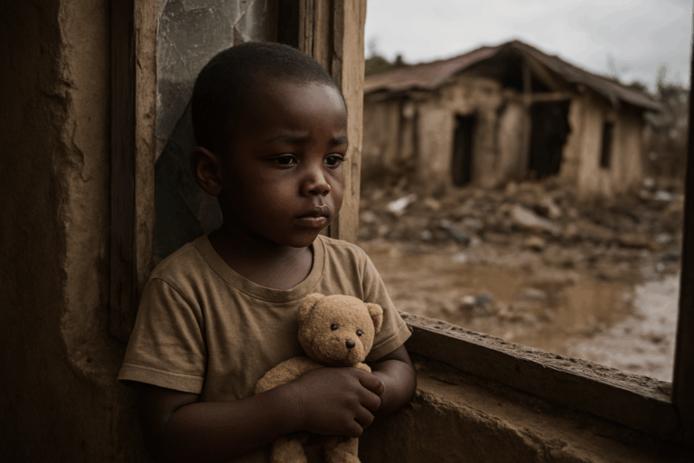 a close-up of a young African child looking out of a broken window, symbolizing trauma and unseen wounds.