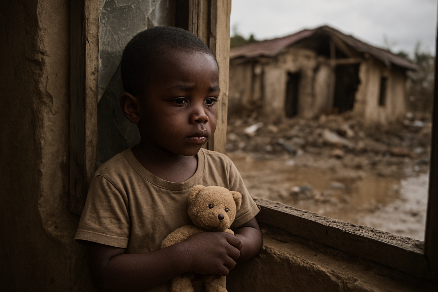 a close-up of a young African child looking out of a broken window, symbolizing trauma and unseen wounds.