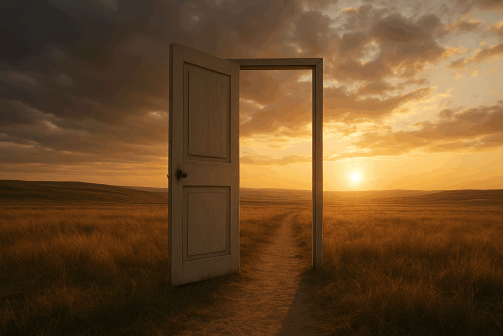 An open door or pathway fading into the horizon