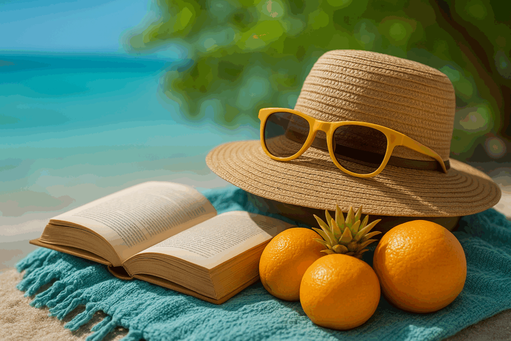 A colorful overhead shot of sunglasses, a book, and a beach hat on a table (at home but styled like vacation).