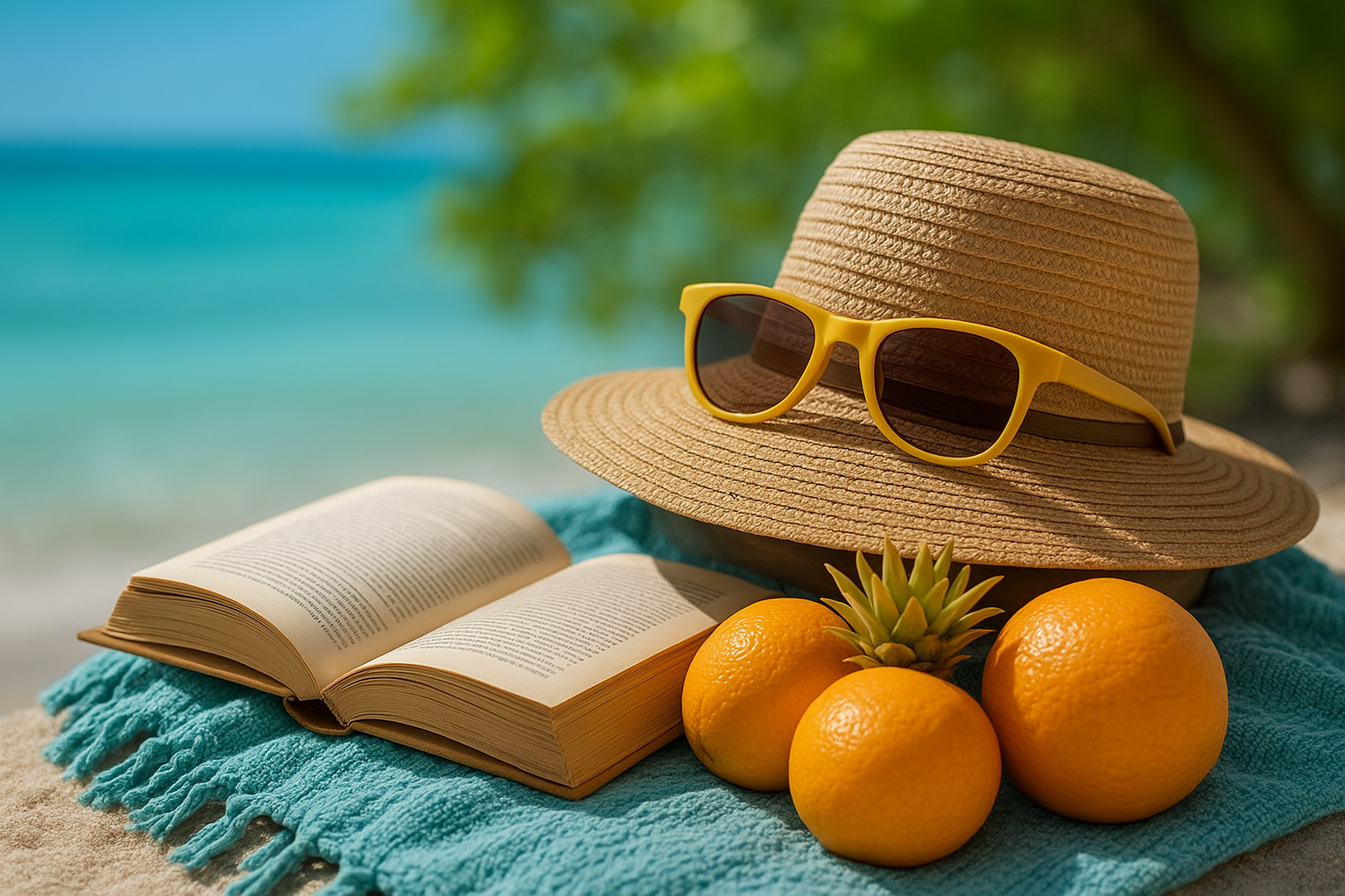 A colorful overhead shot of sunglasses, a book, and a beach hat on a table (at home but styled like vacation).