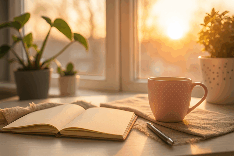 a cozy weekend scene: a cup of coffee, an open notebook, and soft morning light streaming through a window.