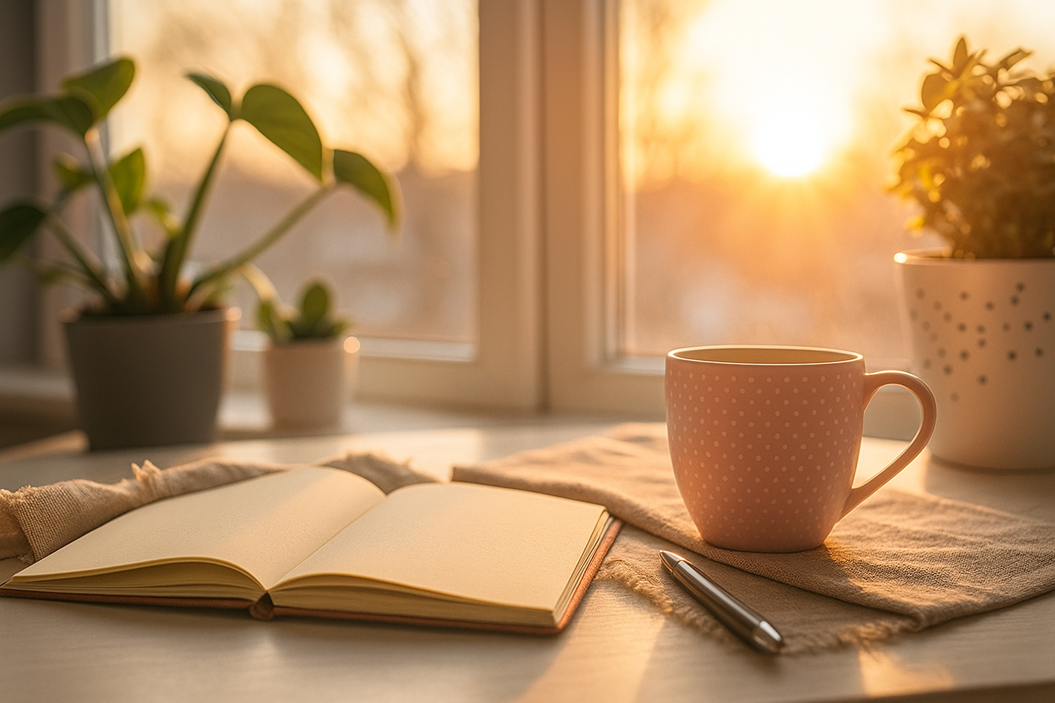 a cozy weekend scene: a cup of coffee, an open notebook, and soft morning light streaming through a window.