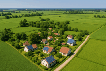 Aerial view of a lush green village with solar panels on rooftops, blending tradition and modernity.