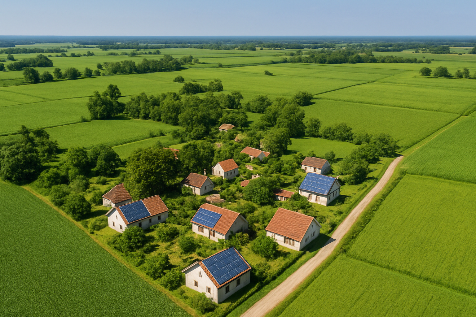 Aerial view of a lush green village with solar panels on rooftops, blending tradition and modernity.