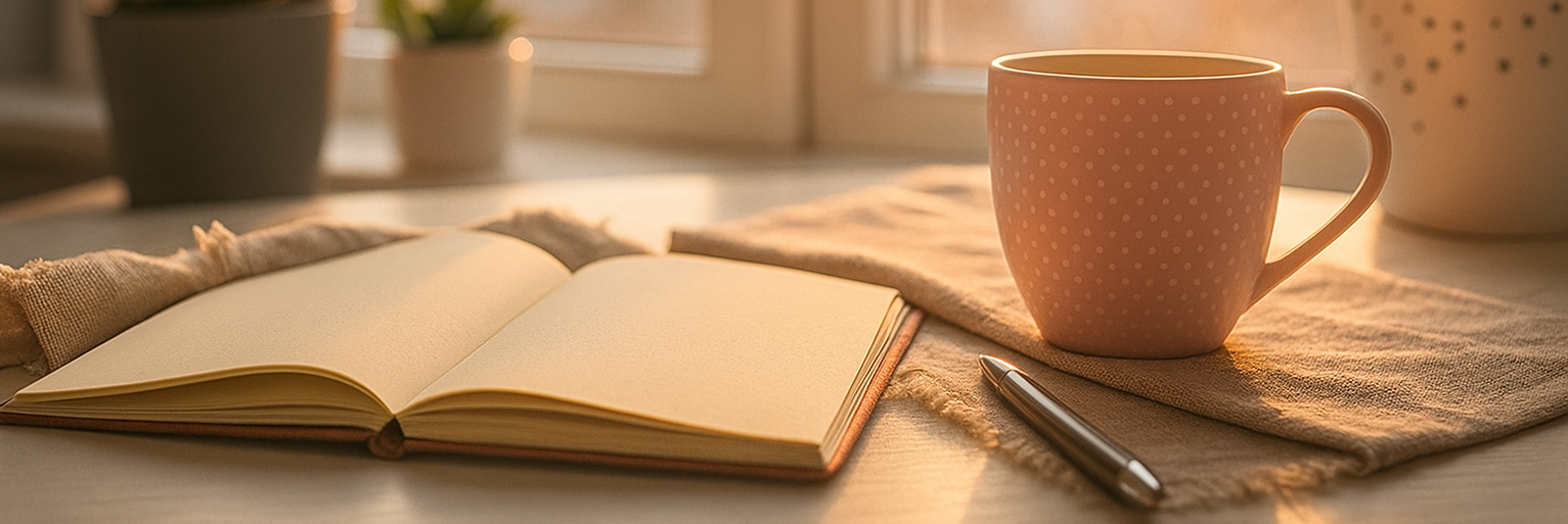 a cozy weekend scene: a cup of coffee, an open notebook, and soft morning light streaming through a window.