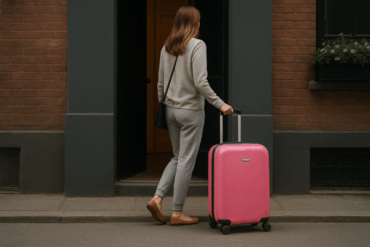 Traveler checking into a rental, suitcase in hand, standing in front of a stylish apartment door with a digital lock.