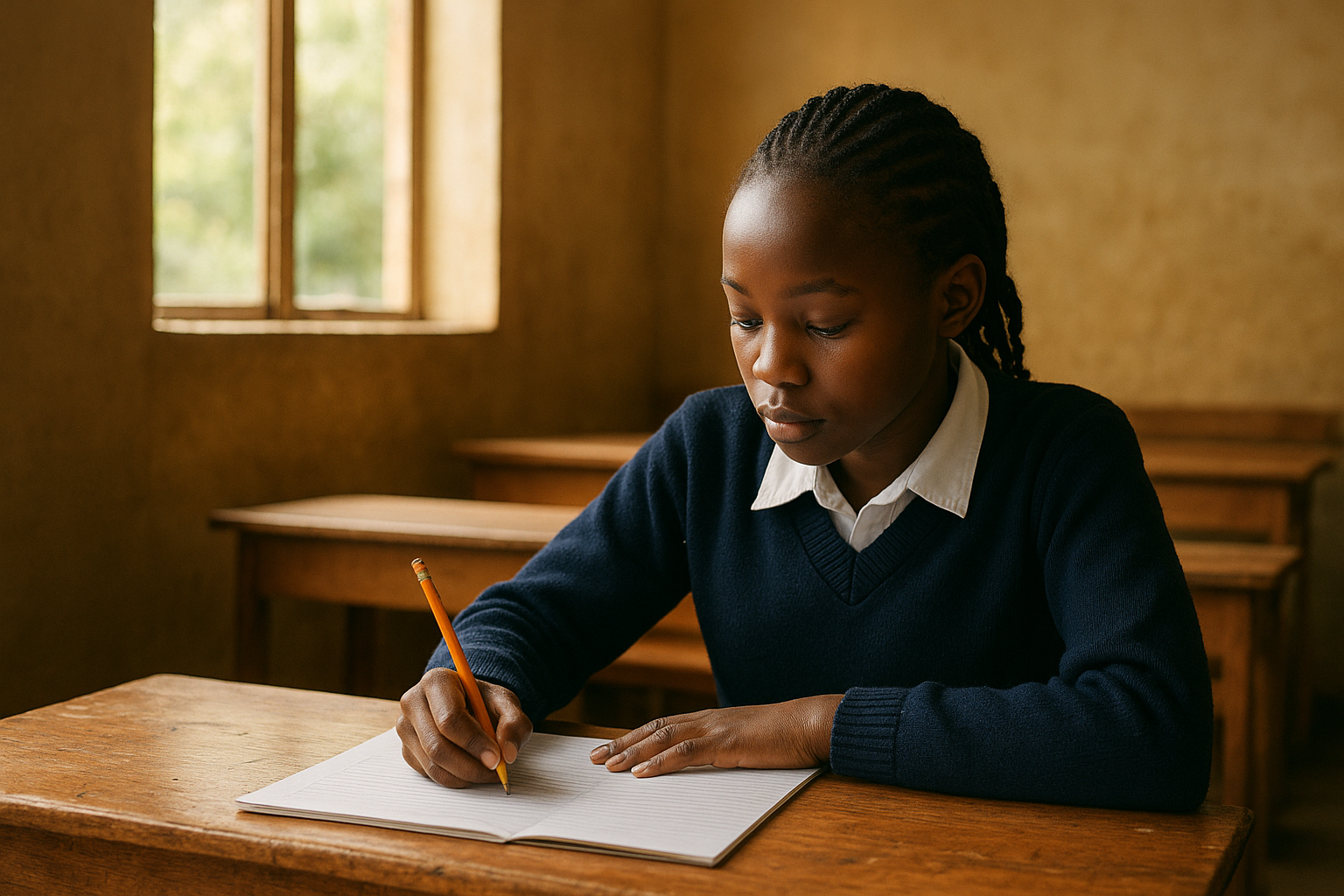A Kenyan student sitting at a wooden desk, sunlight streaming in through the classroom window to portray focus, hope and calm before exams.