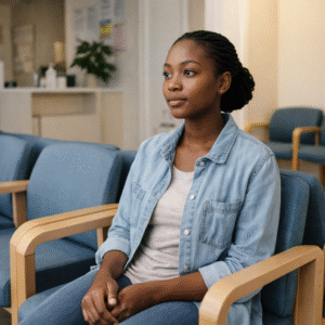 A young African woman sitting in a clinic waiting room, looking thoughtful while waiting to see a gynaecologist
