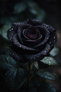 Dew-kissed black rose in bloom