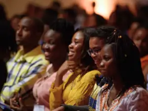 Students and young delegates attend a higher education event during the launch of the Mastercard Foundation Africa Higher Education for Transformation (AHEFT) Prize.