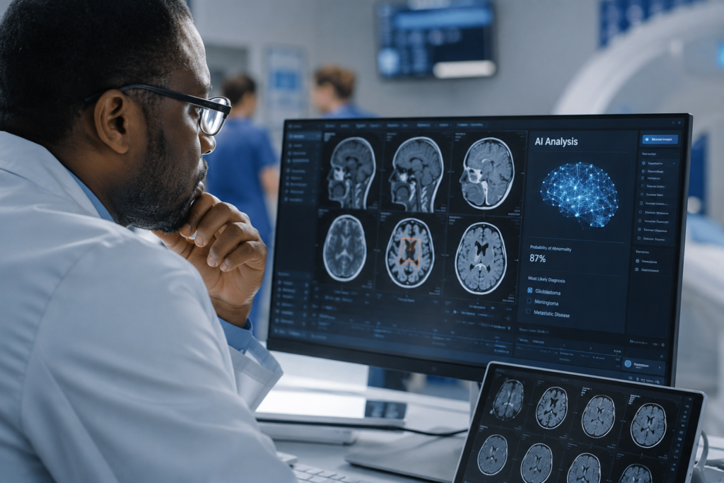 Doctor reviewing a medical scan with artificial intelligence assistance in a modern hospital.