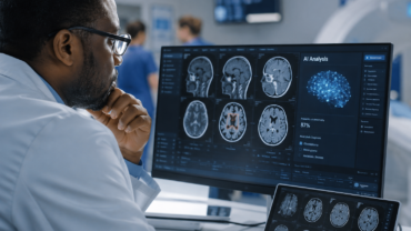 Doctor reviewing a medical scan with artificial intelligence assistance in a modern hospital.