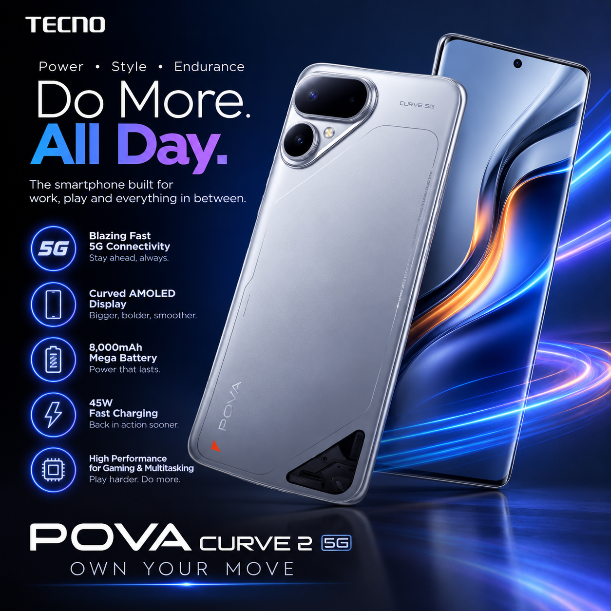 Tecno Pova Curve 2 5G smartphone showcasing eSIM support, 5G connectivity and premium rear design.