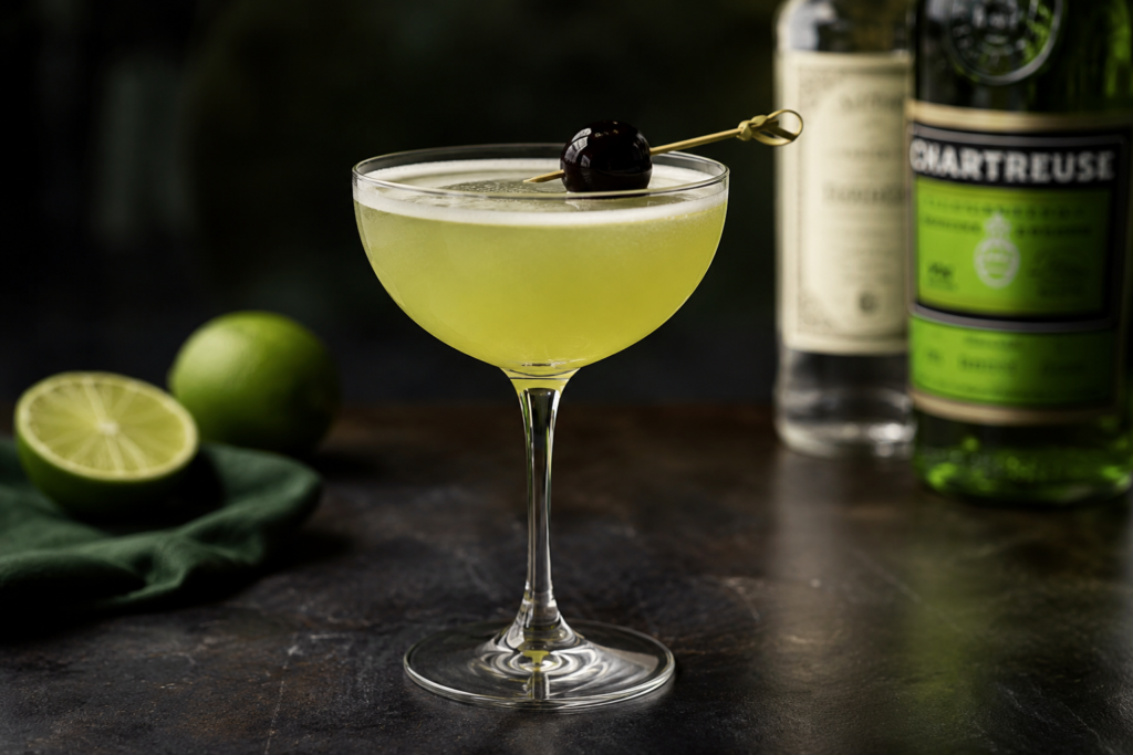 Last Word cocktail in a coupe glass with Luxardo cherry garnish, made with gin, green Chartreuse, maraschino liqueur and fresh lime juice.