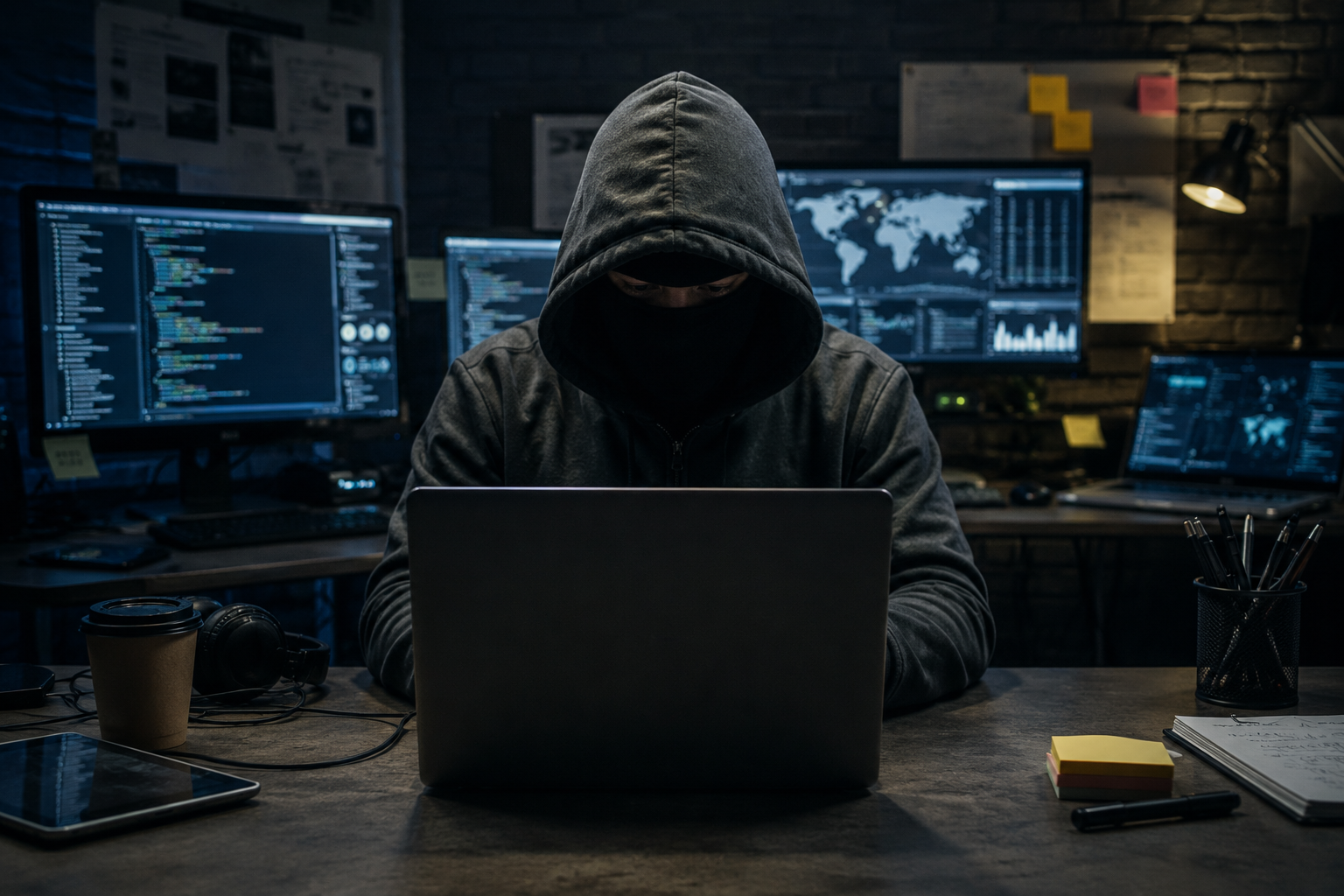 criminal using a computer to illustrate cybercrime and mobile money fraud in Kenya