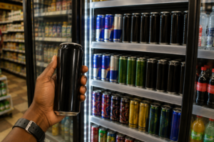 Hand holding a black energy drink can in front of a supermarket refrigerator stocked with energy drinks in Kenya.