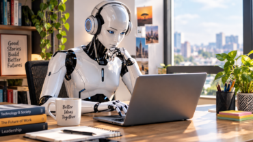 Humanoid AI robot working on a laptop in an office