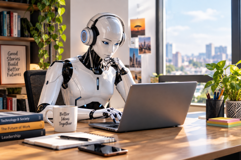 Humanoid AI robot working on a laptop in an office
