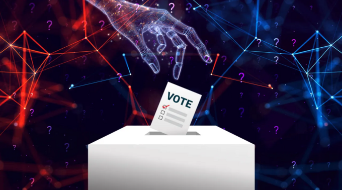 AI-generated robotic hand holding a ballot over a vote box, representing artificial intelligence and elections in Kenya