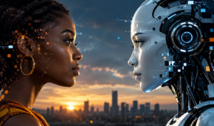 Human and humanoid AI facing each other in an illustration about AI safety and human extinction