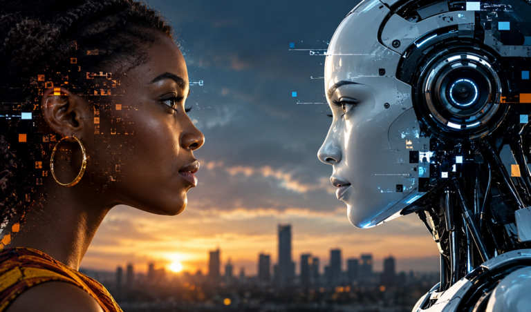 Human and humanoid AI facing each other in an illustration about AI safety and human extinction